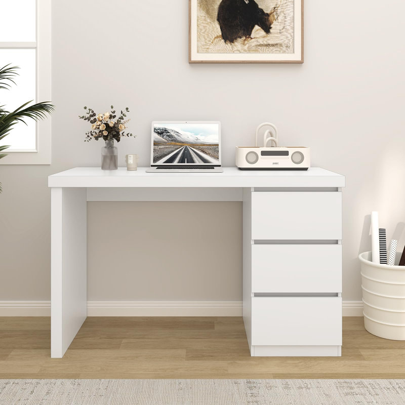 White Desk with Drawers, 43'' W Home Office Computer Desk Gaming Table, Modern Vanity Desk with Storage, Wood Writing Workstation for Bedroom, Living Room, White