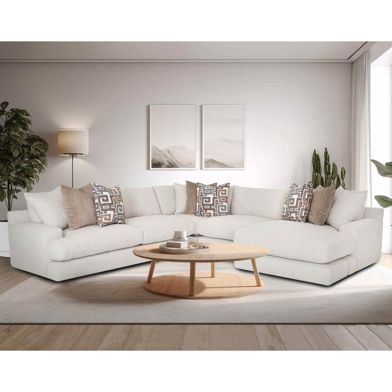 Alla 3 Piece Sectional With Right Arm Facing Loveseat With Reversible Chaise Ottoman, Ivory Polyester Blend