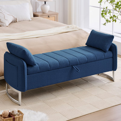 66"W Upholstered Flip Top Teddy Storage Bench with Silver Legs and 2 Pillows