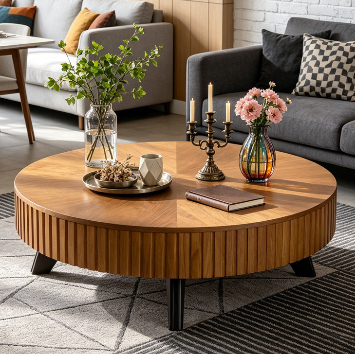 Table basse ronde rétro, 39.37"W, Natural