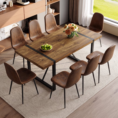 9-Piece Modern Industrial 71" Rectangular Wood Dining Table Set with Upholstered Chairs