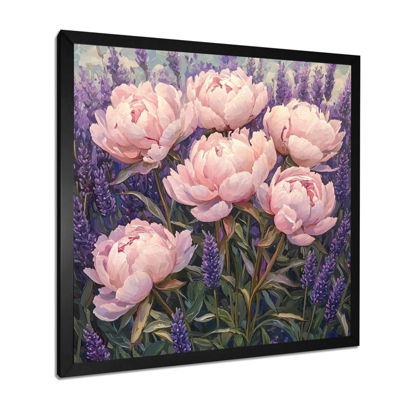 Grandes pivoines dans le jardin de lavande III - pivoines, art mural, Reproduction encadrée d'une seule photo, Noir