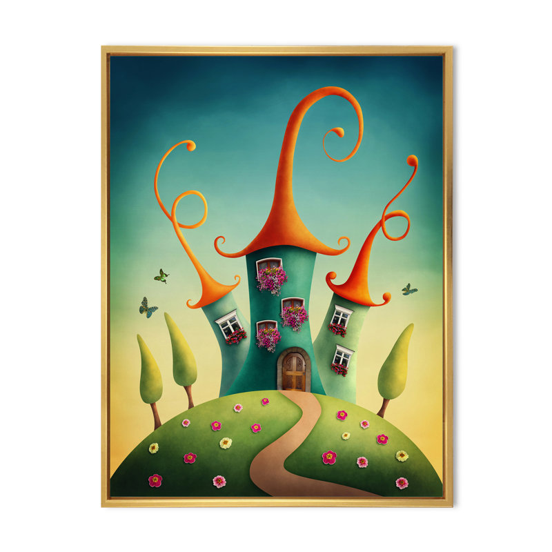 «Blue Fantasy Castles With Red Toits», reproduction sur toile, H 32 po x l 24 po x P 1 po, Cadre flottant doré