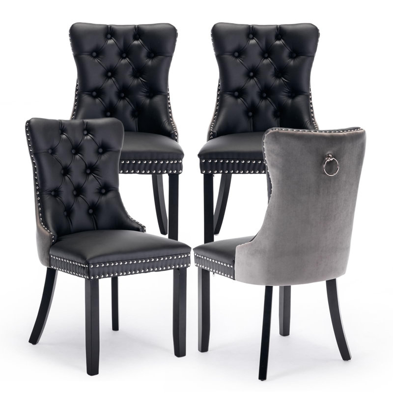 Chaises de salle à manger, chaise de salle à manger rembourrée haut de gamme avec anneau clouté, 4, Similicuir noir / gris