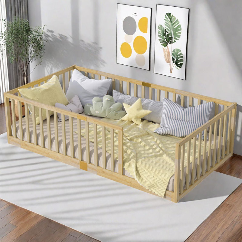 Twin Size Floor Bed with High Fence Railings, Rubber Wood Floor Bed with Safety Guardrails
