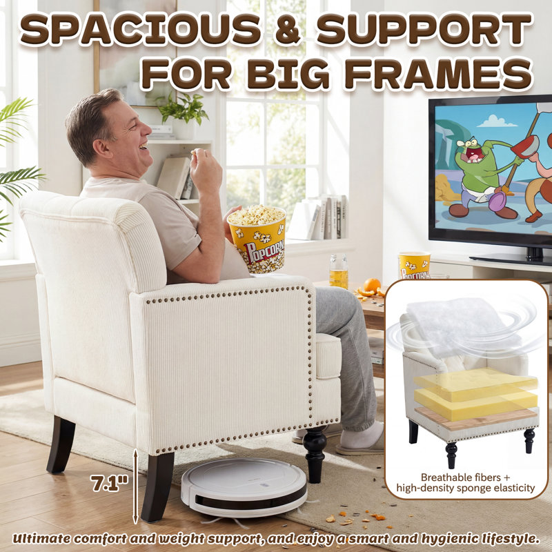26.4'' Upholstered Armchair, Accent Chair with Nailhead Trim & Solid Wood Legs, 1, Beige