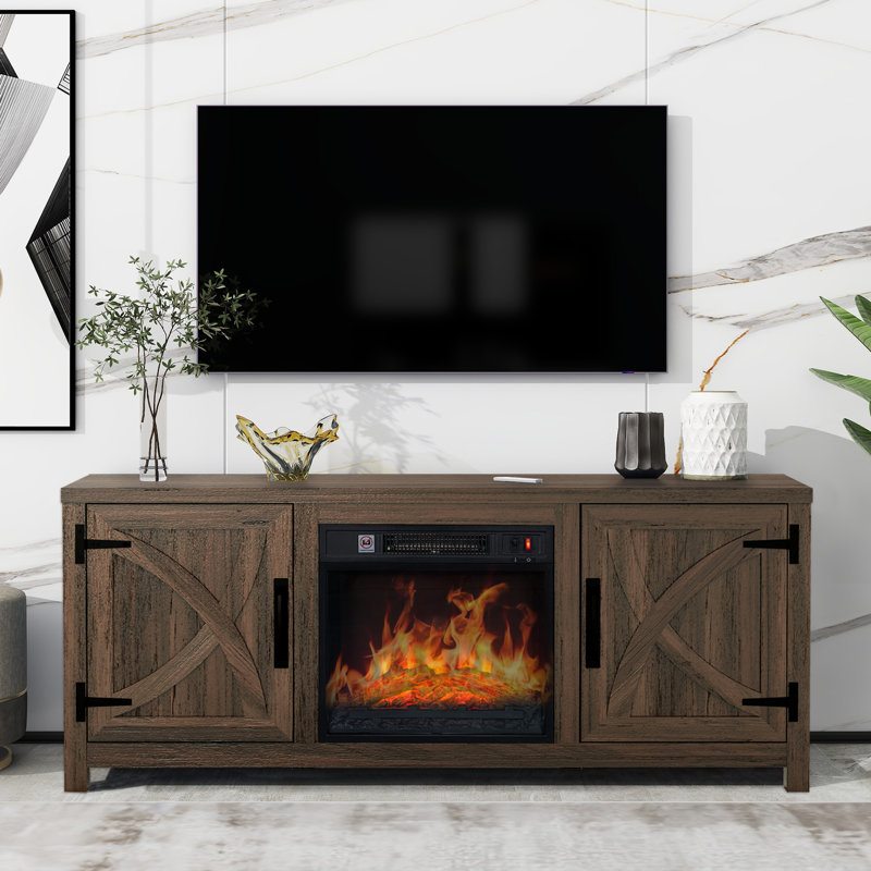 Kristanne 58" W TV Stand with Electric Fireplace and Cabinet/Enclosed storage , Brown