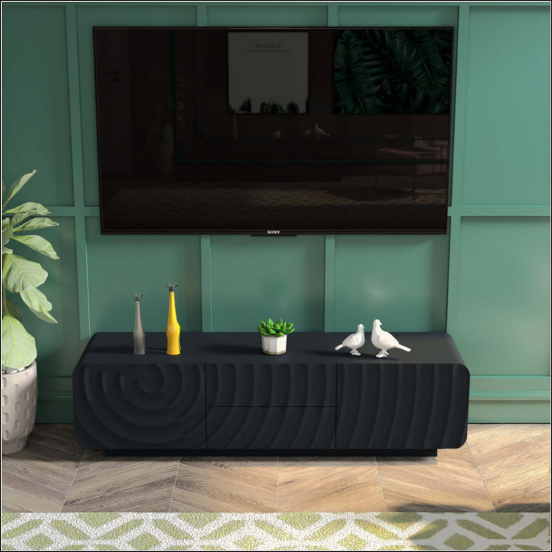 Console de télévision avec un design en spirale unique et moderne avec armoire de rangement et meuble télé à 2 tiroirs pour le salon, la chambre à coucher
