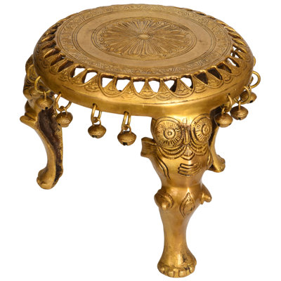 Chowki rituel en laiton fabriqué à la main de 7,4 po avec socle d'éléphant et clochettes Ghungroo - plateforme spirituelle traditionnelle indienne pour décor de temple intérieur