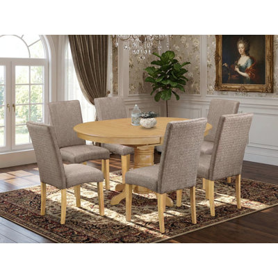 Ensemble de 5 pièces pour 4 pièces comprenant une table de salle à manger ovale avec rallonge papillon et 4 chaises de salle à manger Parson en tissu gris, lin blanc