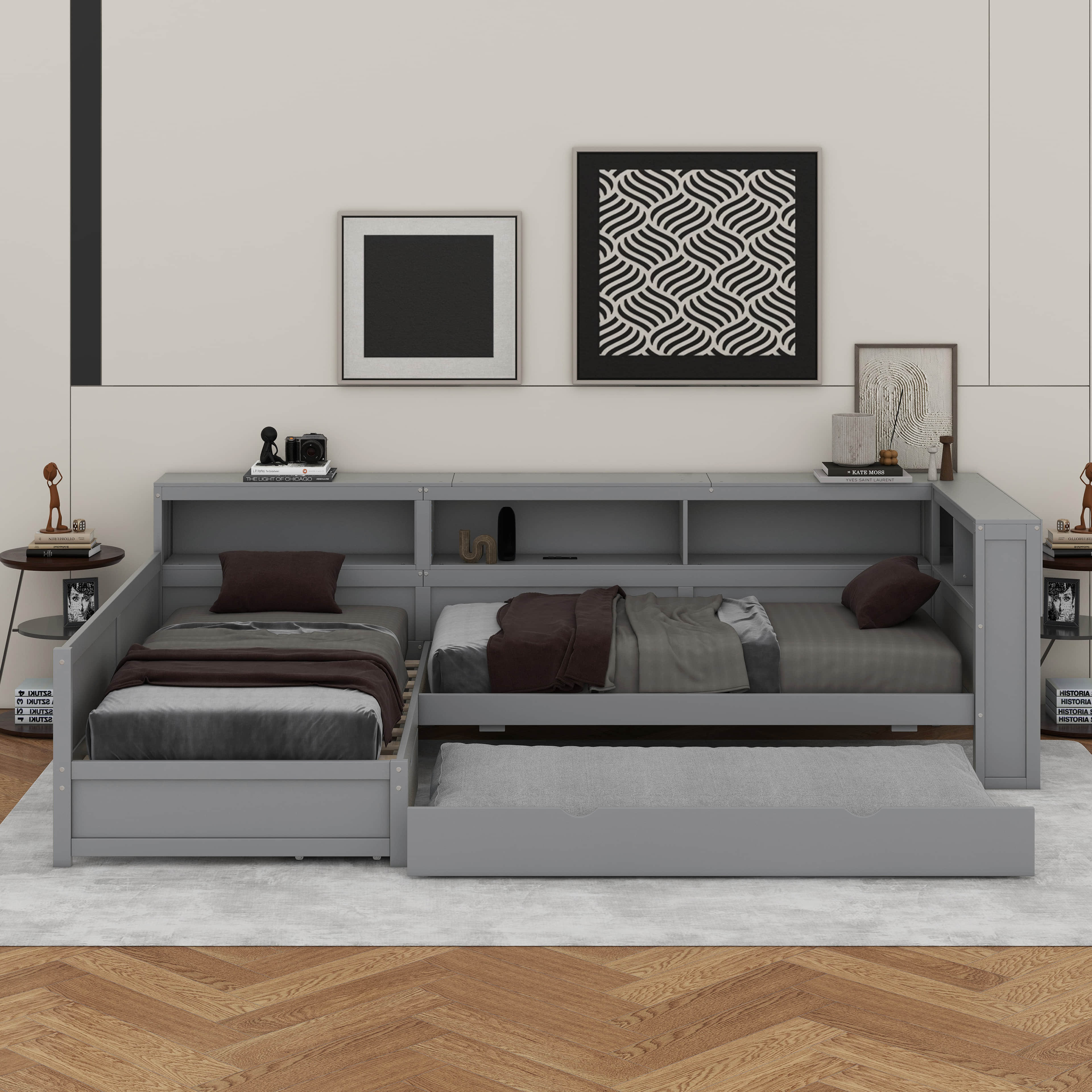 Latitude Run® Wood Twin Size L-Shaped Platform Bed With Trundle And ...