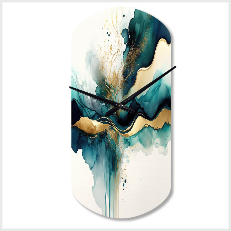 Bleu sarcelle et or abstrait Expression III - horloge métallique cylindrique à encre liquide, impression d'horloge murale asymétrique moderne