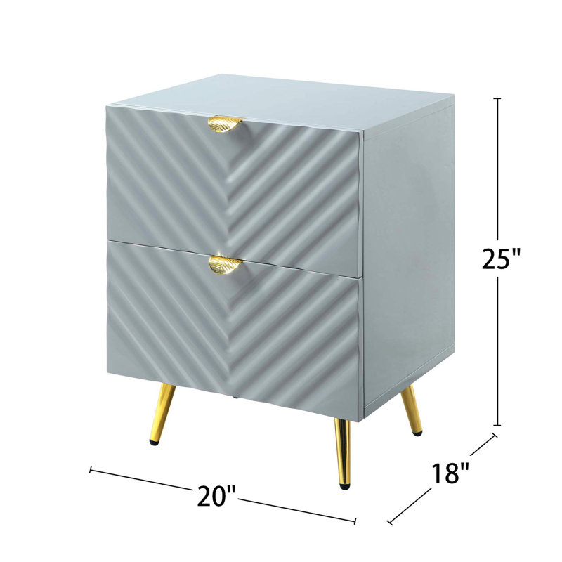 Table de chevet grise brillante avec 2 tiroirs et pieds en métal pour une chambre à coucher élégante