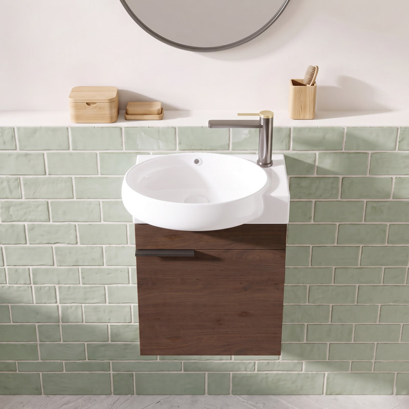 Meuble-lavabo suspendu de 40,6 cm (16 po) avec lavabo en céramique, porte à fermeture douce et rangement, blanc, Brown