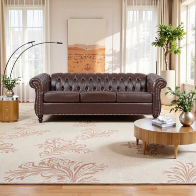 Elegant 84.65" Black PU Rolled Arm Chesterfield Three-Seater Sofa – Classic Comfort for Modern Homes