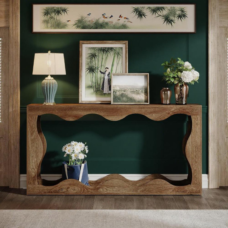Natural Wood Console Table - Flowing Lines Design For Timeless Farmhouse Living Space Decor