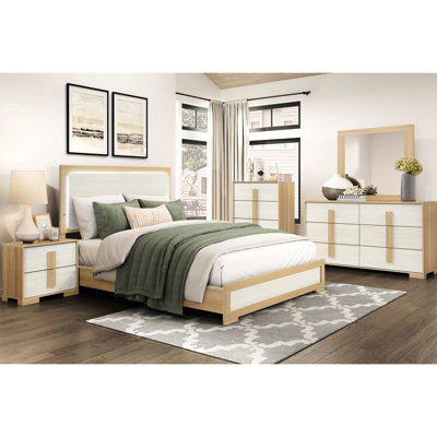 Grand lit, contemporain, lit, tête de lit à panneau à DEL, finition naturelle et blanche, tableau, papier 3D, stratifié, mobilier de chambre à coucher, fabrication en bois de sommier, utilisation,