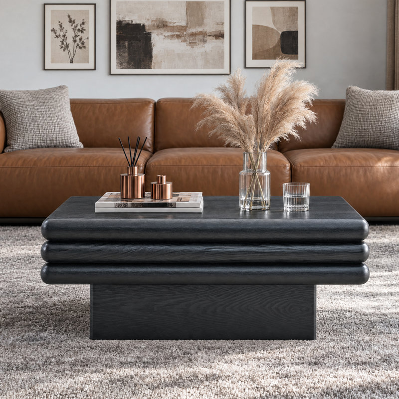Table basse rectangulaire de 100 cm (39,5 po), à 3 niveaux, en bois massif, fini noir mat, Noir, noir, noir, noir