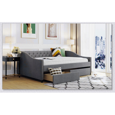 Upholstered Daybed With Two Drawers, Wood Slat Support by Lark Manor