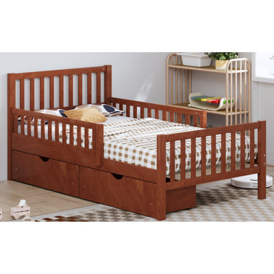 Lit simple en noyer, lit plateforme en bois de pin, garde-corps, tiroirs de rangement, surface lisse, structure, 8 lattes en bois massif, lit en noyer avec optimisation de l’espace avec garde-corps double et deux tiroirs pour