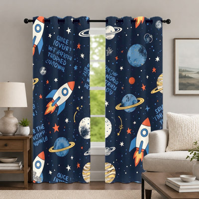 2Pcs Outer Space Galaxy Curtains, Kids Cartoon Rocket Planet Printed Theme Drapes, Decorative Celestial Pattern Window Panels with Grommets for Bedroom Living Room Decor