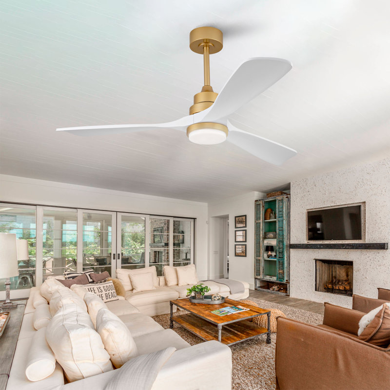 Ventilateurs de plafond de 52 pouces avec lumières et télécommande, ventilateur de plafond en bois pour patio, ventilateur de plafond doré avec lumières, moteur à courant continu silencieux, DEL à intensité variable, 3 pales en bois massif