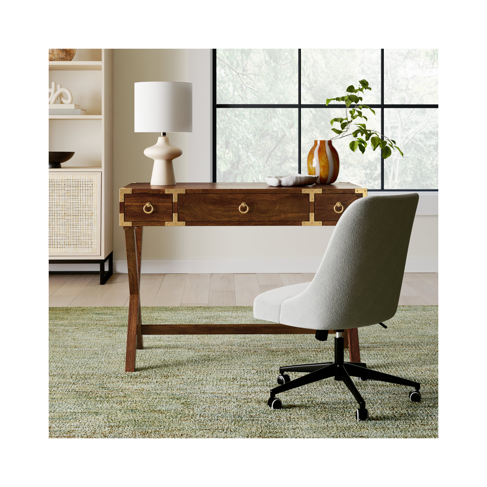 Aerilyn Wood 2-Drawer Desk with X-Base Legs, Brown