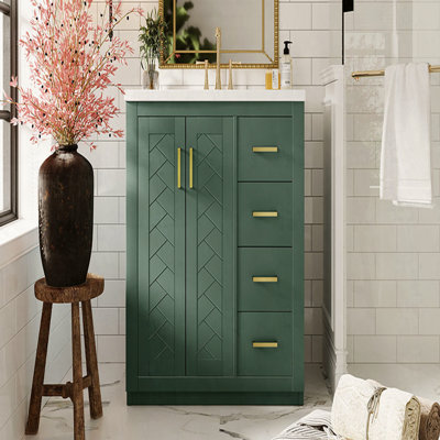 Ensemble de meuble-lavabo 30 po avec lavabo en céramique, armoire de rangement en bois massif, ensemble de meuble-lavabo autoportant avec 3 tiroirs et portes à fermeture douce