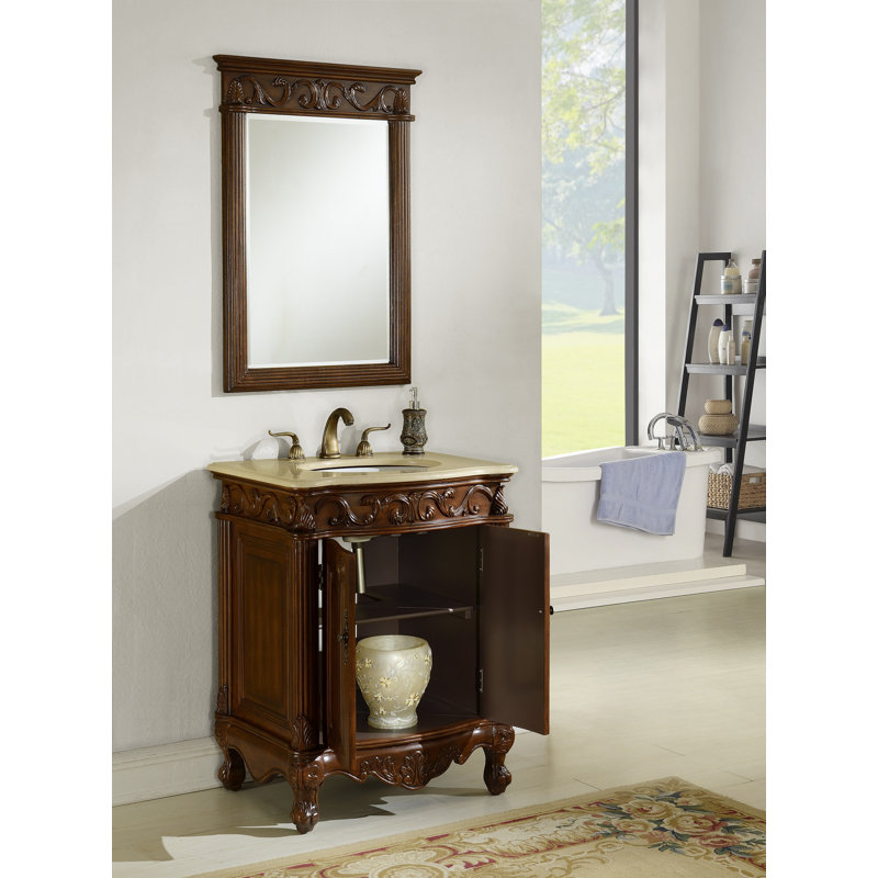 27'' Single Bathroom Vanity with Top, Teak, Cream Marble