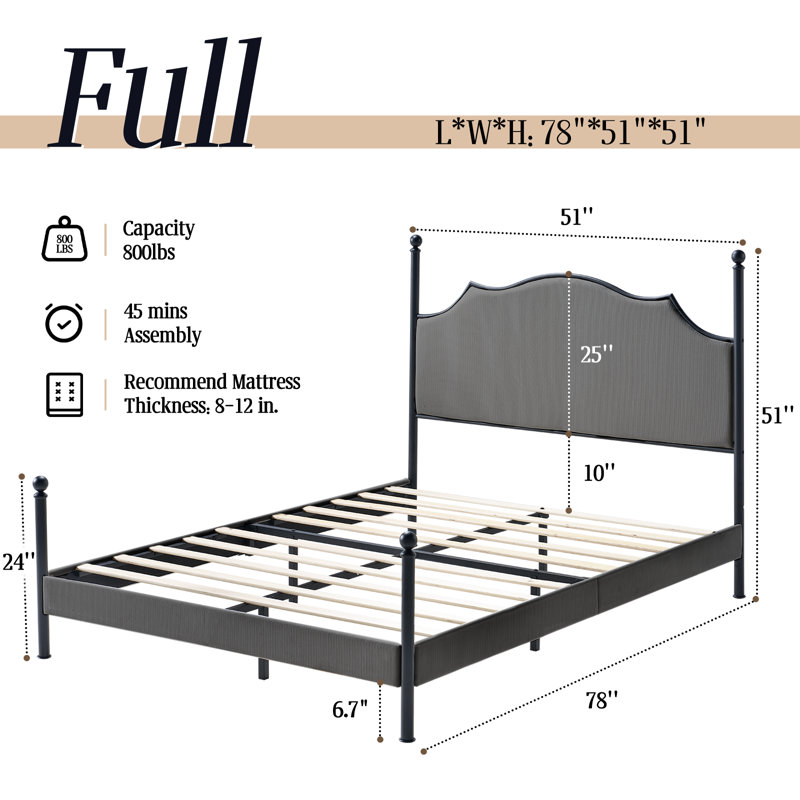 Modern Corduroy Upholstered Platform Bed with Metal Poster,LED Light & Arch Headboard, Light Gray, Full / Double