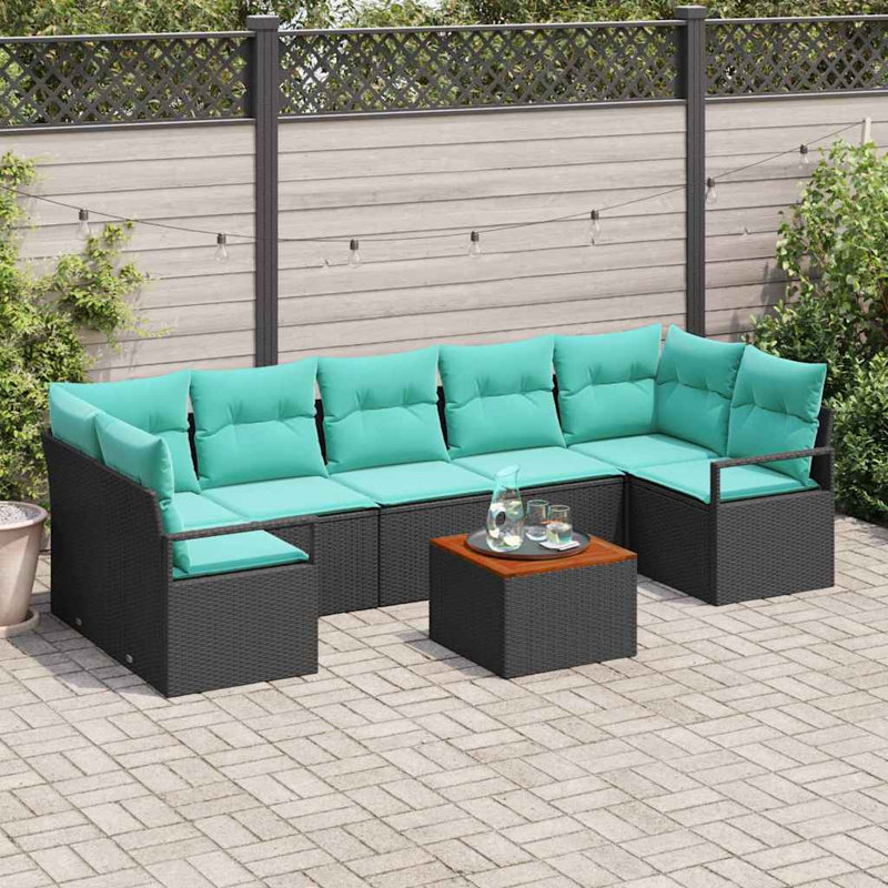Ensemble de canapé de jardin vidaXL 8 pièces en rotin de polyester noir et turquoise