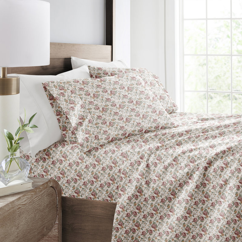 King Ivory Floral Microfiber Sheet Set with 16-inch Pocket Depth