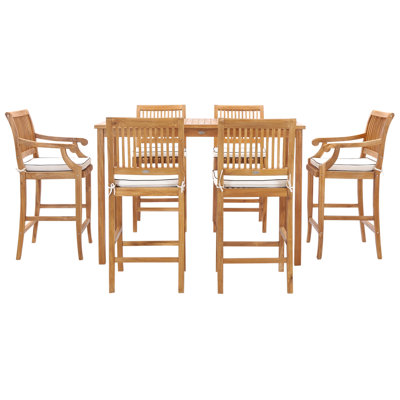 7 Piece Teak Wood Castle 63" Rectangular Medium Bistro Bar Set Including 2 Barstools With Arms And 4 Barstools