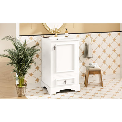 Meuble-lavabo de 20 pouces avec solution de rangement pratique, lavabo en céramique, charnières à fermeture en douceur, rangement réglable en forme de U et porte de porte, tablette, support de tiroir à compartiments, style moderne, peu encombrant