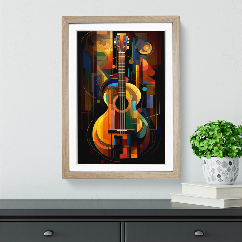 Acoustic Guitar Art Deco No.2 - Single Picture Frame Print on Wood, Oak Framed, 64cm H x 46cm W