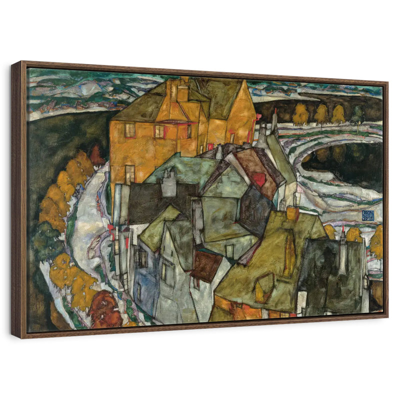 Croissant des maisons II, 19 po x 13 po, Cadre flottant noyer
