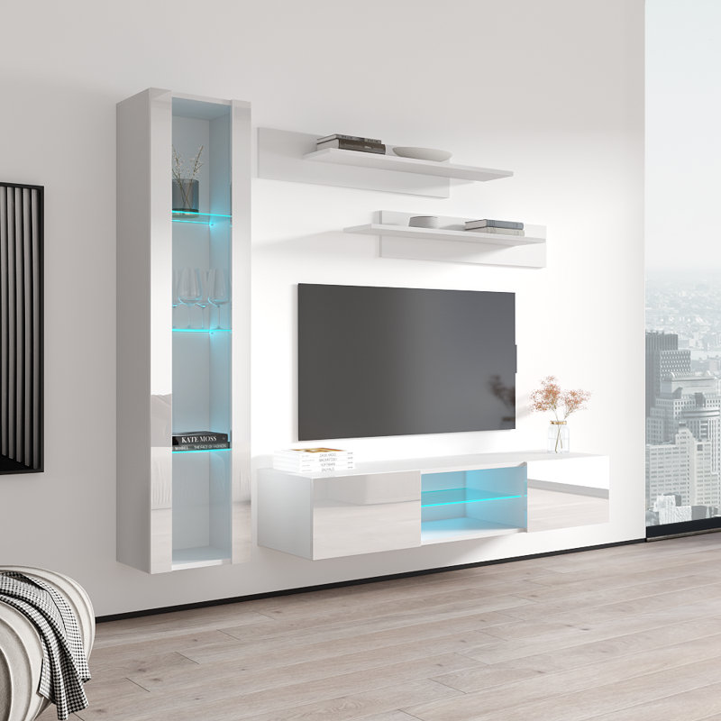 Meuble audio-vidéo mural flottant moderne de 85 po avec éclairage à DEL 16 couleurs Letson, finition ultrabrillante, Blanc