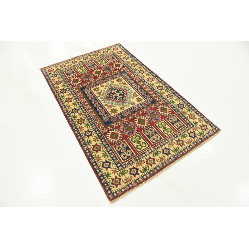 Tapis de zone en laine beige/rouge 3 pi 3 po x 5 pi one-of-kind à la main noué la Alayna