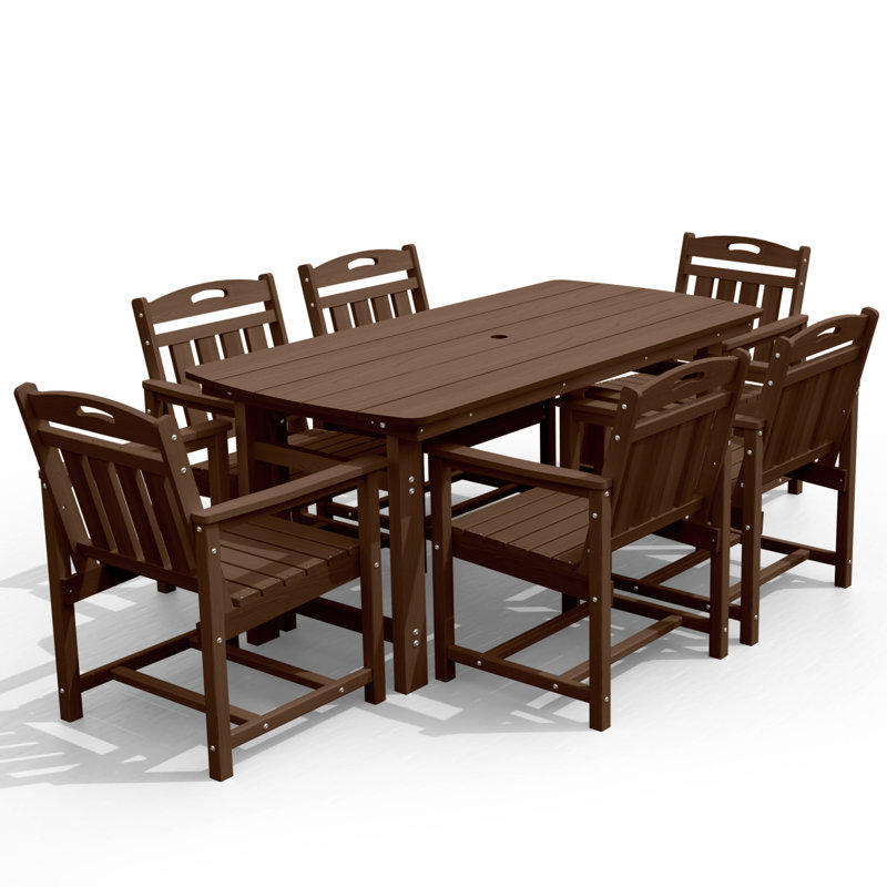 7-Piece 6-Person Rectangular Long Patio Dining Set With Umbrella Hole, Brown