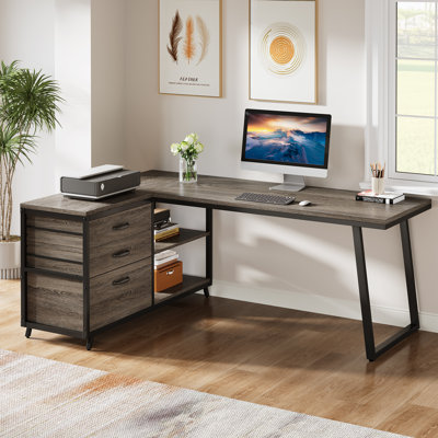 53" L Shaped Home Office Desk, Reversible Corner Computer Desk With 3 File Drawers And 2 Storage Shelves