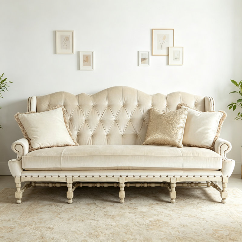 Canapé à trois places en tissu American Retro, Tissu blanc cassé, Blanc cassé / blanc
