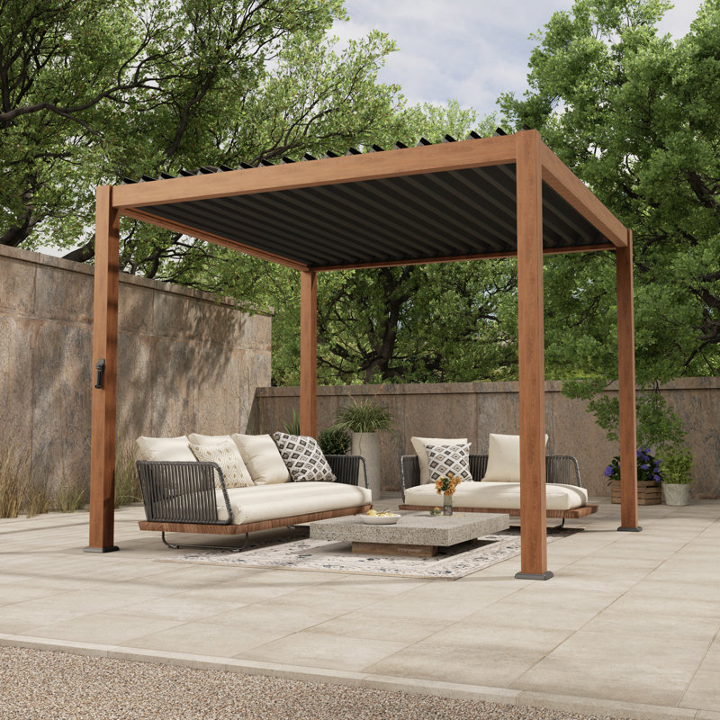Cadre en aluminium pour pergola à persiennes avec toit réglable imperméable, 10 pi x 10 pi, Grain du bois