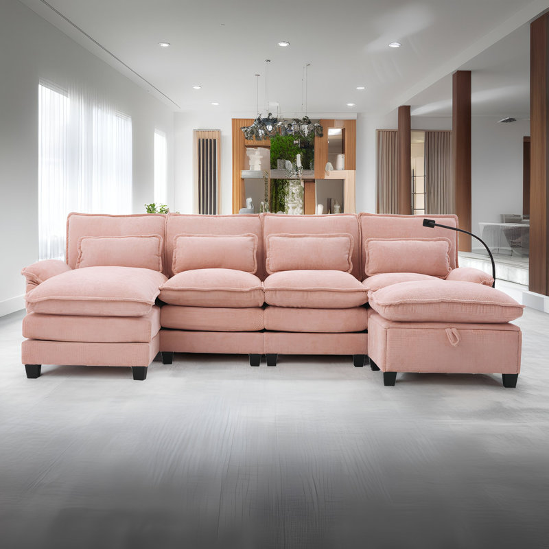 106" U Shaped Sectional Sofa Set with Storage Ottoman & USB Ports, Modular Cloud Couch with Chaise Lounge & Pillows, Pink