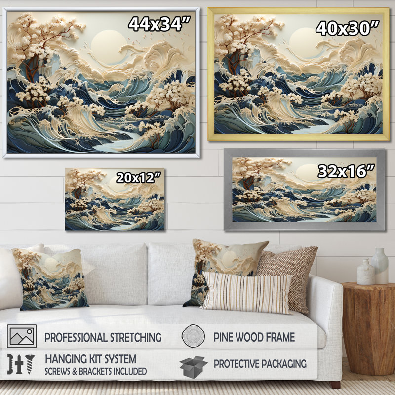 Vagues de sérénité I, H 16 po x l 32 po x P 1 po, Cadre flottant doré