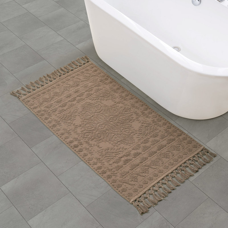French Connection Nellore Fringe Machine Washable Cotton Bath Rug, Light Brown, 49" L x 26" W