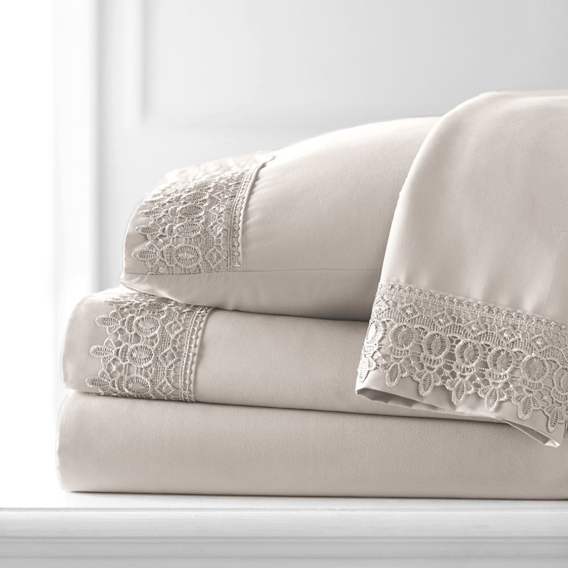 Jaquil Extra Deep Pocket Microfiber Sheet Set with Lace Hem, Queen, Bone