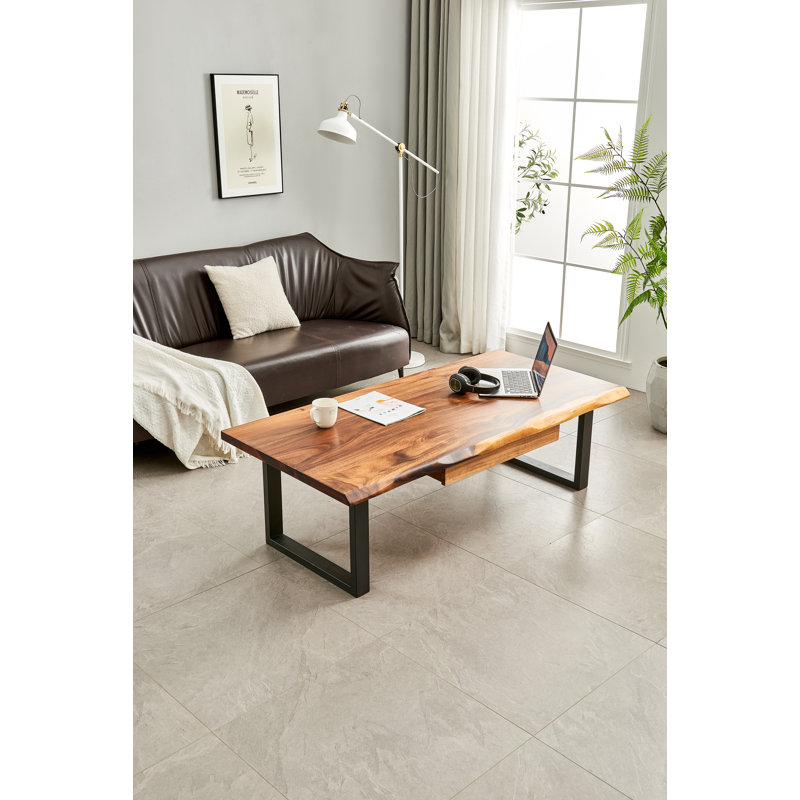  Live Edge Coffee Table with U Shaped Legs and South American Walnut, with Drawer Storage, 17.5" H x 58" L x 28" W