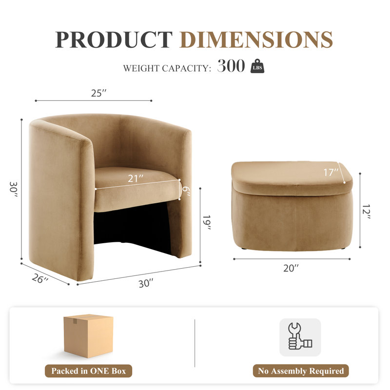 Kyah Upholstered Barrel Chair with Ottoman, Khaki Velvet