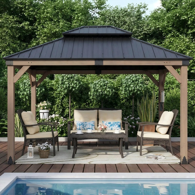 10 x 12 pi Pavillon de jardin en bois de cèdre avec prise électrique, toit rigide en acier galvanisé à double toit, pavillon de patio extérieur pour terrasse et jardin (couleur bois gris)