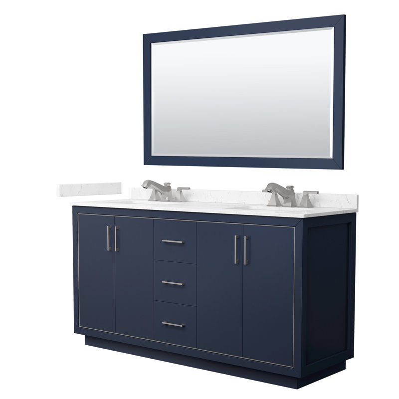 Icon 66" Freestanding Double Bathroom Vanity with Cultured Marble Top, Brushed Nickel, Blue